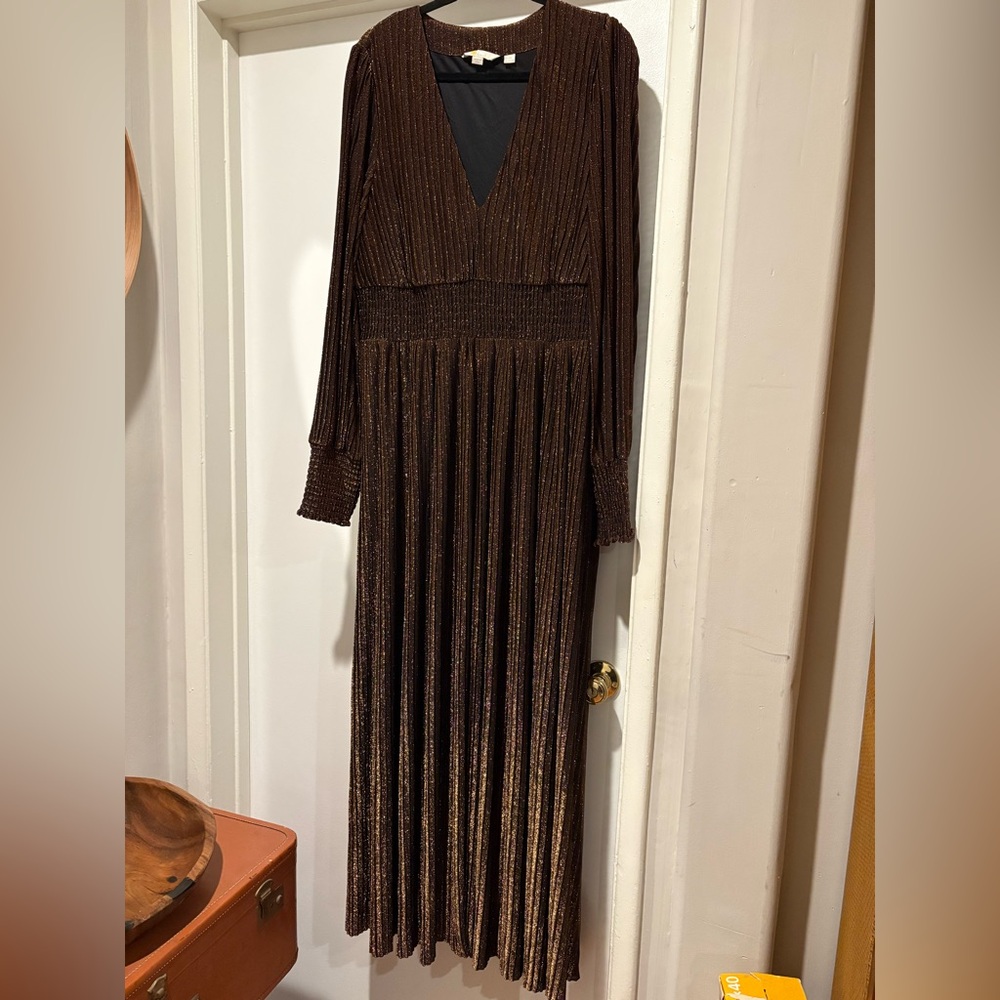 Boden Metallic Pleated V Neck Jersey Maxi Dress Holiday Copper Gold Trendy - Picture 4 of 16